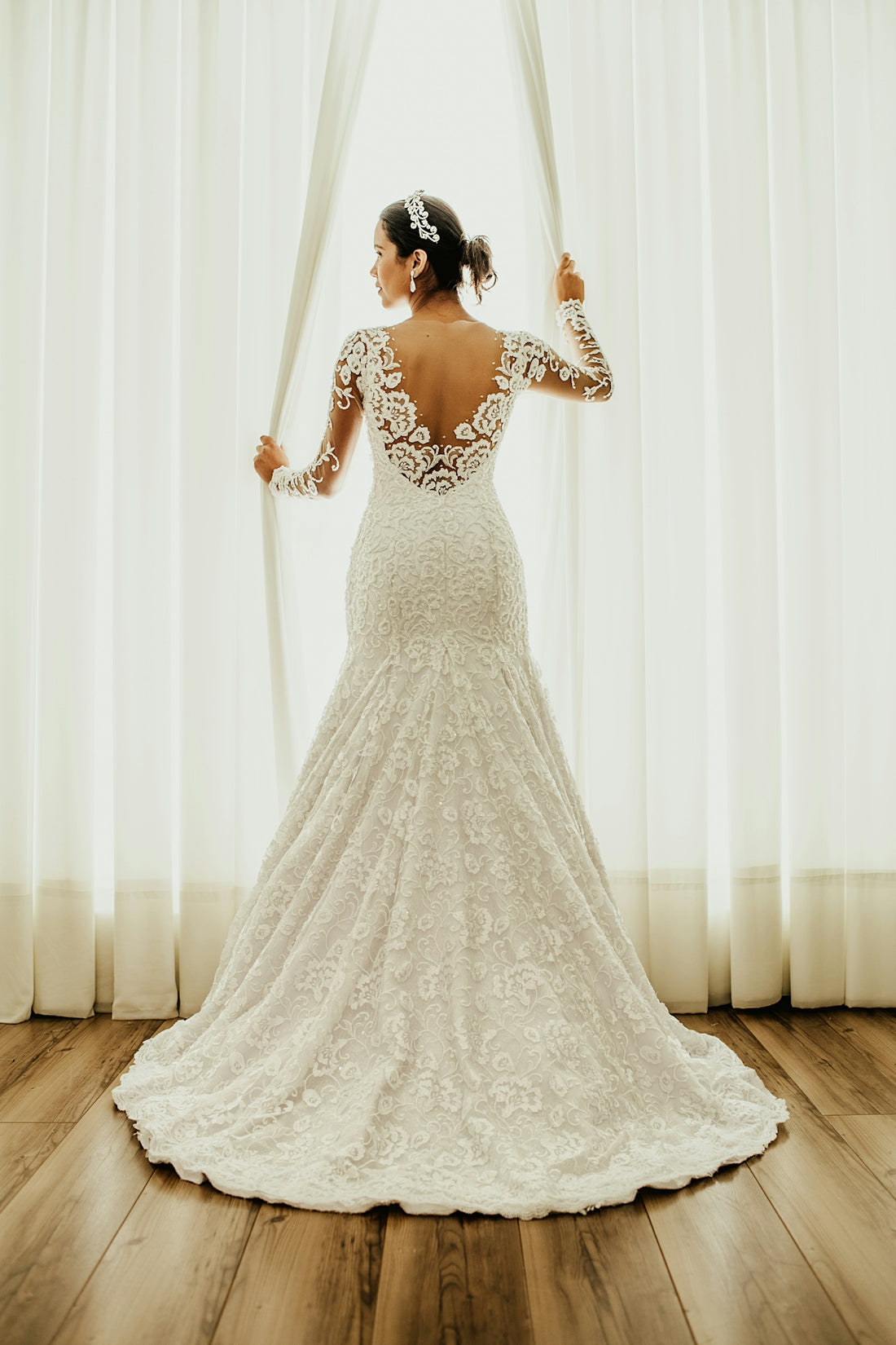 woman in white floral wedding dress