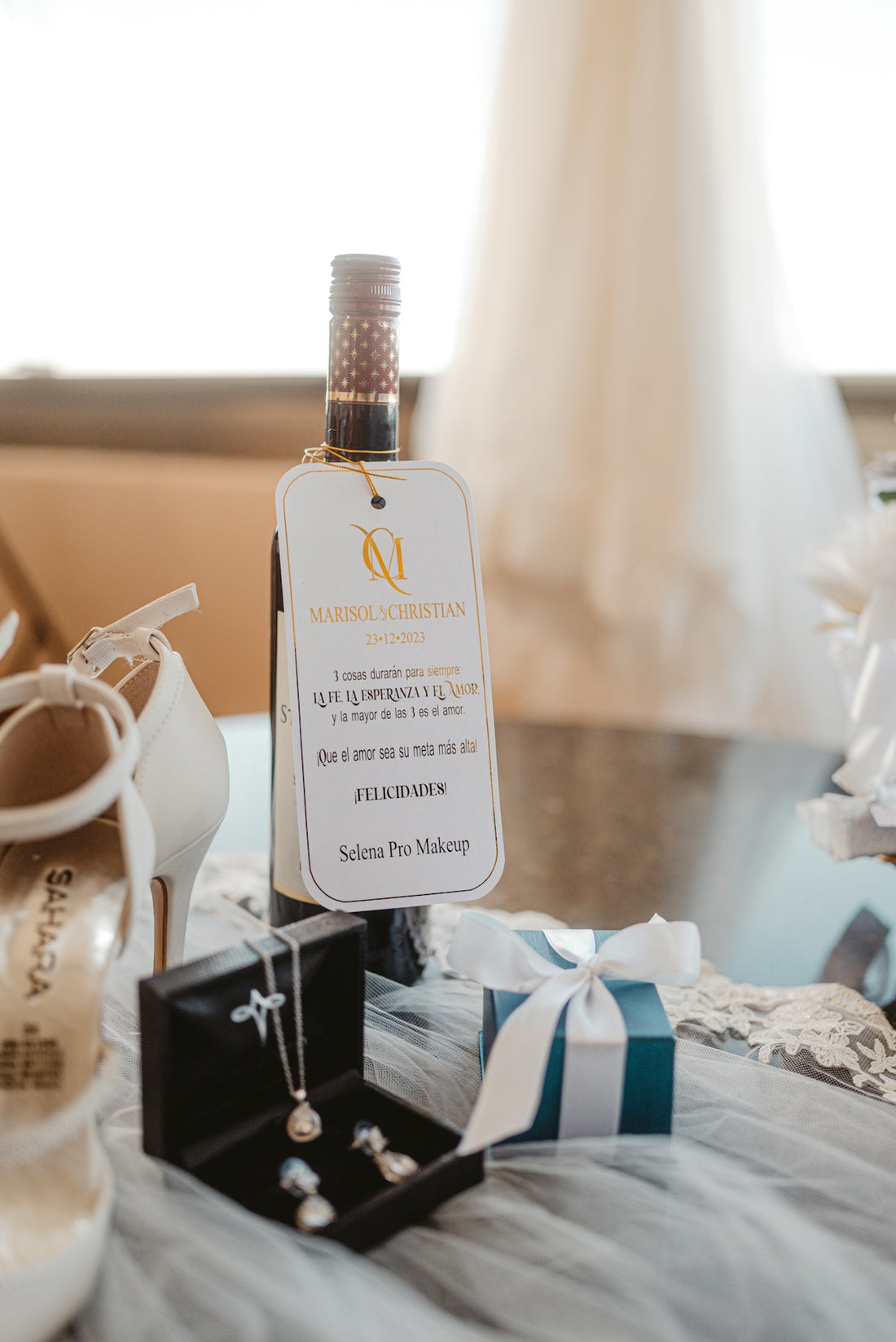 Wedding accessories with wine bottle and jewelry