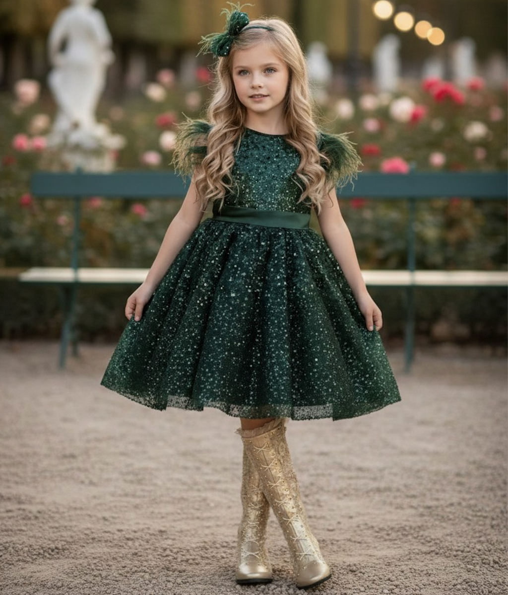ELIANA DRESS & HAIR BOW SET EMERALD